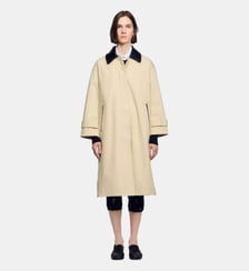 Manteau long col contrasté cuir Sandro