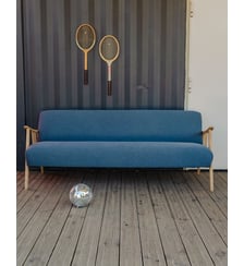 Banquette en bois et tissu bleu Clara N°140- Produit chiné Debongout