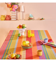Nappe pur coton enduit motif jacquard vert orange Mille broderies samba Garnier Thiebaut