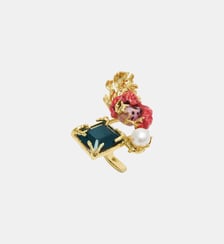 Bague ajustable dorée pierre bleue carrée, corail et perle Les Néréides