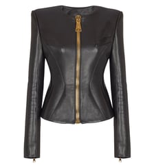 Veste courte à basque en cuir d'agneau Balmain