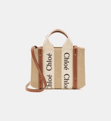 Mini sac cabas Tote Woody en lin et cuir Chloé