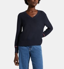 Pull droit col V bandes signatures coton Tommy Hilfiger