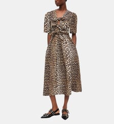 Robe mi-longue à bretelles nouées en coton léopard Ganni