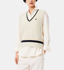 Pull droit sans manches en laine col V signature Lacoste