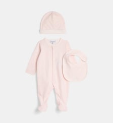 Ensemble 3 pièces dors bien, bavoir et bonnet monogrammes coton Emporio Armani Junior