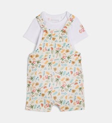 Ensemble 3 pièces salopette short, t-shirt et bob fantaisie coton Guess