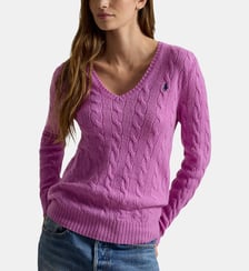 Pull ajusté col V torsadé en laine et cachemire signature Polo Ralph Lauren