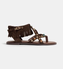 Sandales plates perles et franges en cuir velours Inuovo