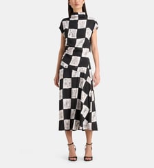 Robe midi imprimé damier esquisses, mancherons et col montant  Karl Lagerfeld