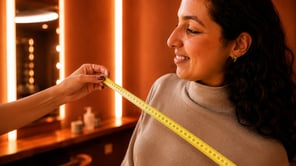 Gros plan de profil d'une femme souriante aux cheveux bouclés, vêtue d'un col roulé beige, pendant qu'une main tend un ruban à mesurer jaune devant sa poitrine.
