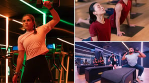 Montage de trois photos : à gauche, une femme lève un haltère sous des lumières néon vertes ; en haut à droite, des personnes pratiquent la posture du cobra au yoga ; en bas à droite, un groupe effectue des squats avec haltères dans une salle moderne.