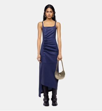 Robe midi drapée en cuir d'agneau - Rabanne - Bleu nuit