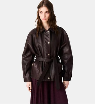 Blouson cuir oversize boutons dorés - Maje - Marron