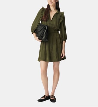 Robe satinée froissée volants plissés - Ikks - Vert kaki