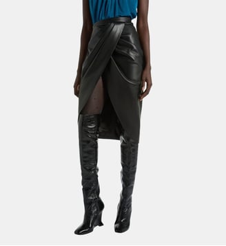 Jupe mi-longue drapée en cuir d'agneau - Balmain - Noir