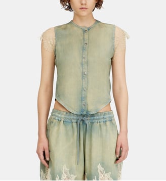 Chemise à manches courtes en denim et dentelle - Diesel - Bleu clair
