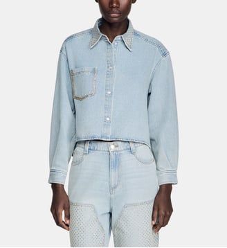 Chemise courte en jean strassée - Sandro - Bleu jean clair