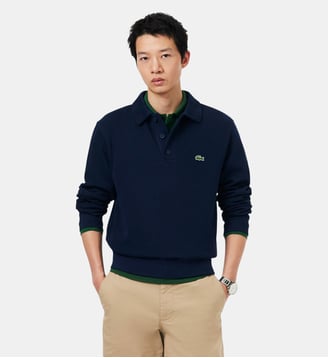 Sweatshirt col polo coton côtelé - Lacoste - Bleu marine