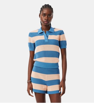 Pull col polo maille résille rayures - Lacoste - Bleu et rose pale