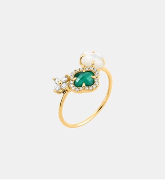 Bague, agate verte, diamants, nacre blanche, or jaune Morganne Bello