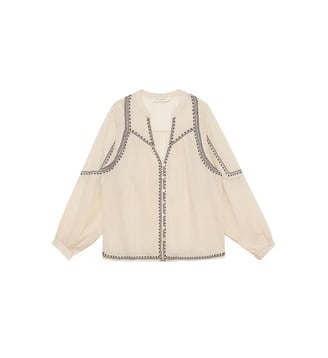 Blouse manches longues col v imprimé ethnique BLANKA - La Petite Etoile - Écru et noir