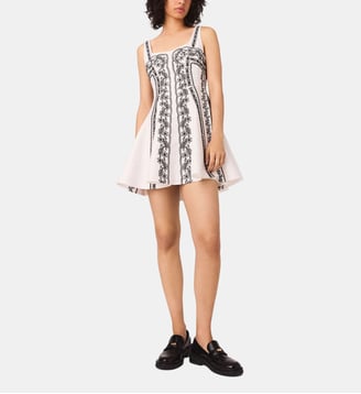 Robe courte brodée à bretelles en lin - Maje - Écru et noir