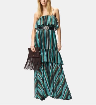 Longue robe en mousseline avec imprimé rayé brossé - Pinko - Vert et noir