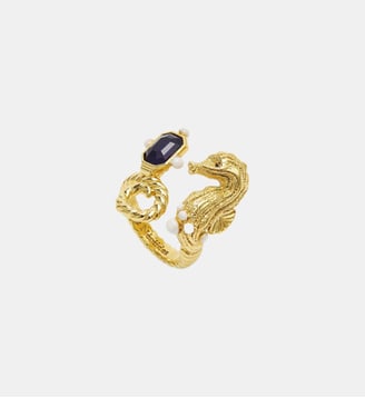 Bague ajustable hippocampe doré et pierre bleu marine - Les Néréides - Multicolore