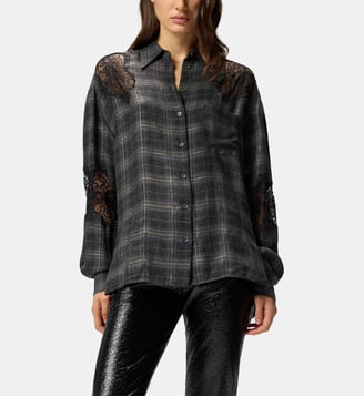 Chemise à carreaux et dentelle - Pinko - Gris et argent
