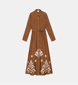 Robe longueur midi chemise imprimé broderie ROLINE - La Petite Etoile - Camel