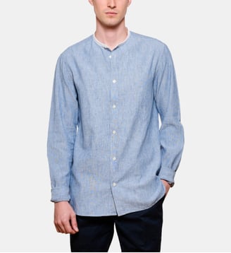 Chemise rayée indigo lin coton coupe droite col mao blanc - Atelier Privé - Bleu