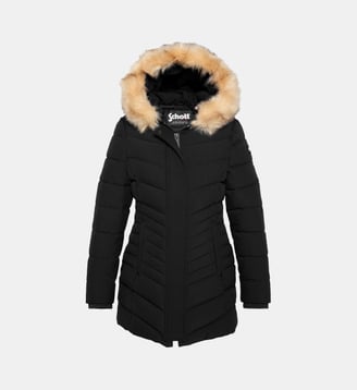 Parka mi-longue à capuche effet fourrure amovible - Schott - Noir