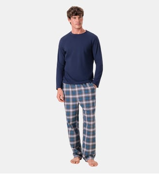 Ensemble pyjama haut blanc et pantalon bleu en coton - Le Slip Francais - Marine tartan bleu canard