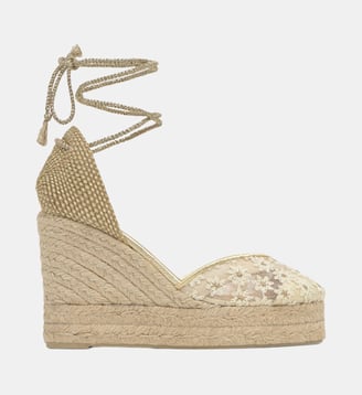 Espadrilles compensées en broderie florale à lacets pompons CLAIR - Castaner - Or blanc