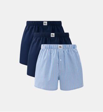 Lot de 3 caleçons popeline de coton rayé - Lacoste - Bleu marine et bleu clair