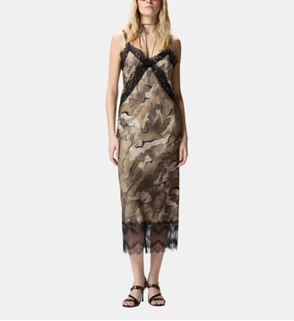 Robe nuisette mi-longue camouflage à dentelle - Pinko - Beige et vert