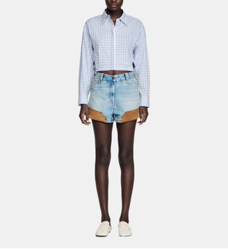 Short en denim et suede à rivets - Sandro - Bleu jean clair