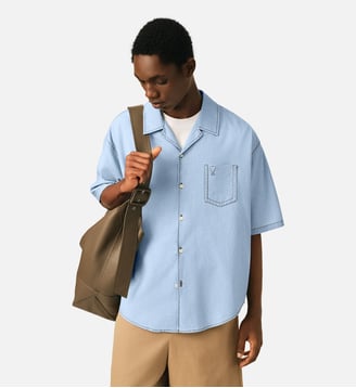 Chemise boxy manches courtes Ami de Coeur embossé en coton - AMI Paris - Gris cendre chine et bleu ca