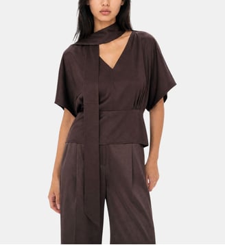 Top avec lavallière en satin marron - The Kooples - Marron