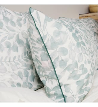 Taie d'oreiller en percale de coton lavé, HERBIER - Blanc Cerise - Bleu céladon