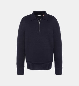 Pull col polo zippé maille fantaisie - Schott - Bleu marine
