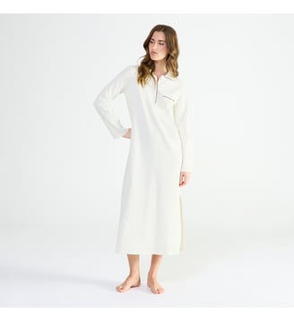 Chemise de nuit longue col polo en coton - Laurence Tavernier - Écru