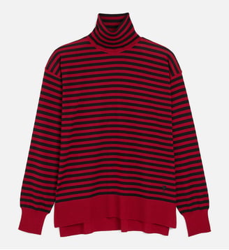 Pull marinière col roulé unisexe en laine et soie - AMI Paris - Rouge rubis et noir