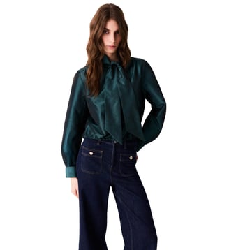 Chemise en satin avec lavallière - Maje - Vert bouteille