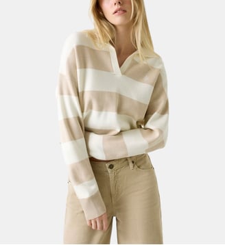 Pull polo droit à rayures - Guess Jeans - Blanc et beige