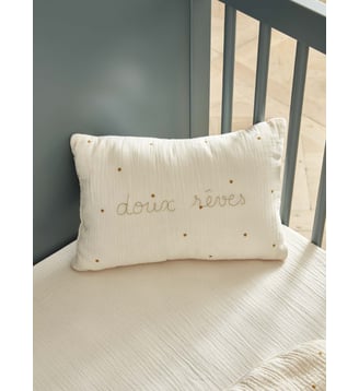 Petit coussin gaze de coton brodé - imprimé Joséphine - Cyrillus - Blanc