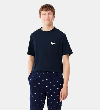 T-shirt d'intérieur coton imprimé crocodile - Lacoste - Bleu marine et blanc