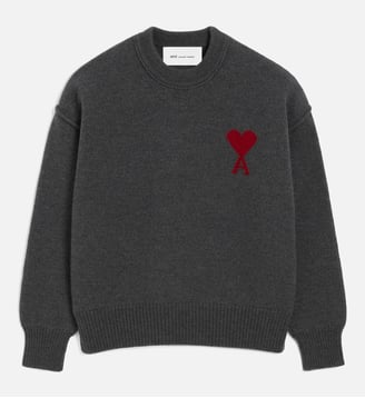 Pull Col Rond Ami De Coeur En Laine unisexe - AMI Paris - Gris chine et rouge