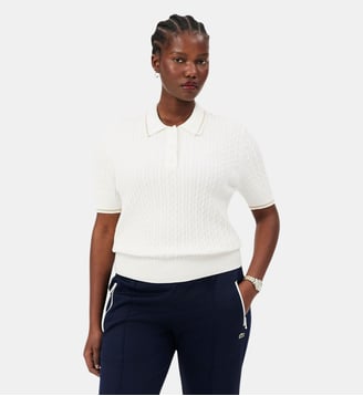 Pull col polo maille torsadée rayures - Lacoste - Écru